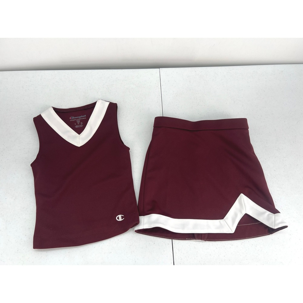 Champion Kids Maroon White Cheerleading Uniform Set V-Neck Shell Skirt Youth XS
